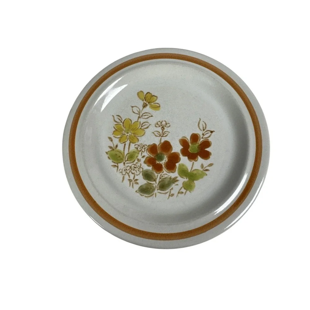Vintage Floral Stoneware Bread Butter Plates Set 4 Brown Rim‎ 6.5 Inch Japan MCM